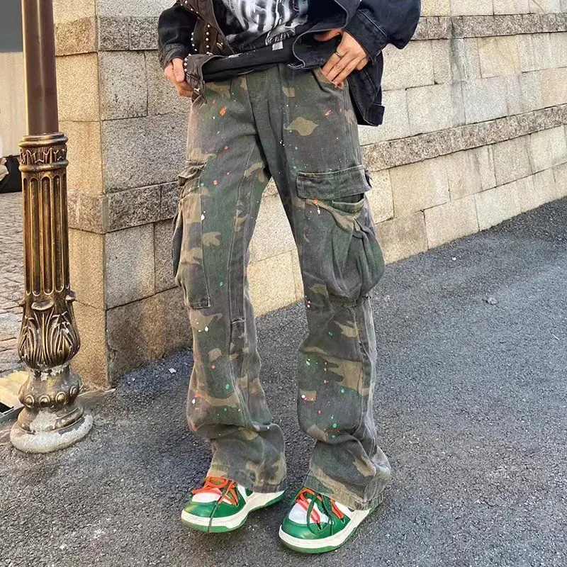 

American High Street Camouflage Ink-splashing Cargo Pants Women Make Old Washed Streetwear Hiphop Wide-leg Straight Pants Men