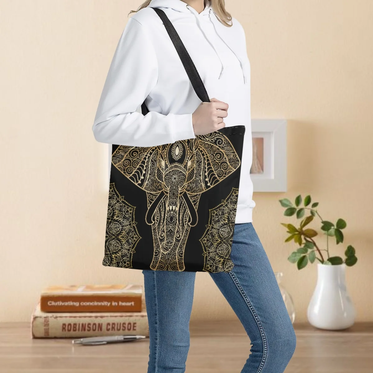 

Women Bags Bohemian Elephant Pattern Large Capacity Reusable Ladies Mom Shopping Shoulder Handbags Reusable College Schoolbags