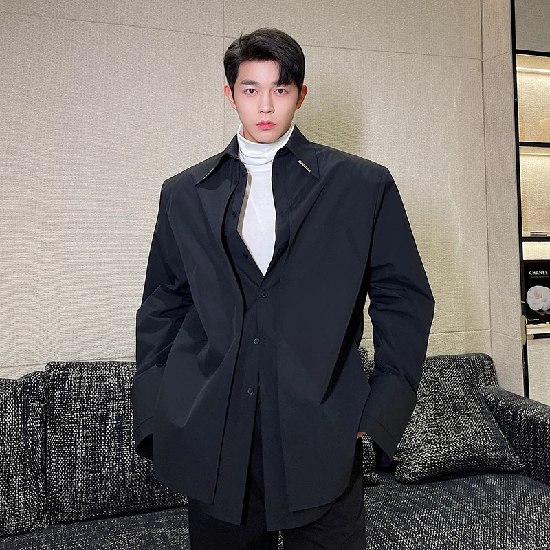 

New Solid Shirts Men's Long-sleeve Blouse Korean Trendy Button Up Clothes Handsome Tops Spring and Autumn Casual Male Top B37