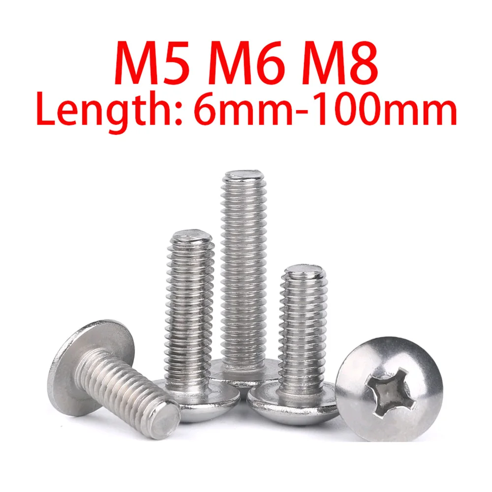 

304 A2 Stainless Steel Cross Recessed Mushroom Large Round Head Screws M5 M6 M8 Phillips Big Flat Head Truss Head Machine Screw