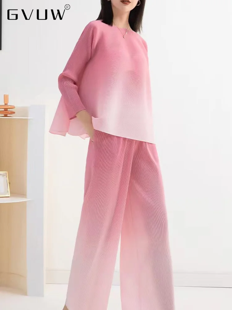 

GVUW Fashion Pleated Two Piece Set Women 2023 Autumn New Gradient Color Round Neck Top High Waist Straight Pants Female 17G1006