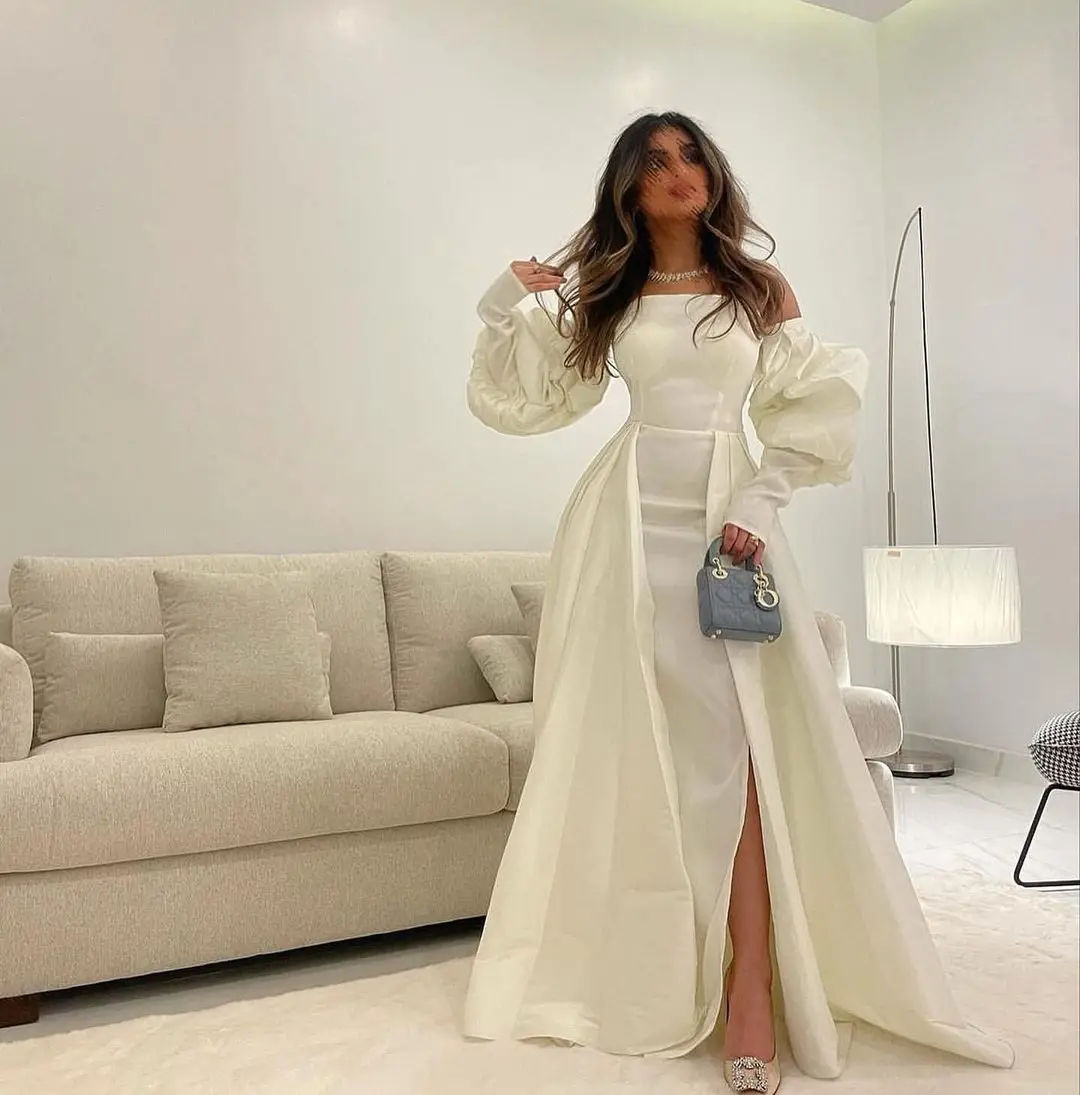 

Simple White Ivory Taffeta Evening Dresses Strapless Puff Long Sleeves Slit Overskirt Arabic Prom Dress Women Formal Party Gowns