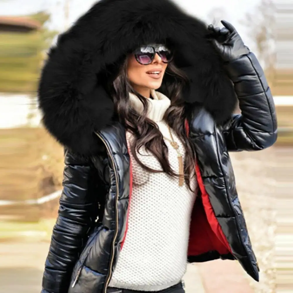 2022 Thick Parkas Faux Fur Coats Women Long Sleeve Hooded Neck Zipper Button Large size Casual Female Outwear Warm Down Jacket