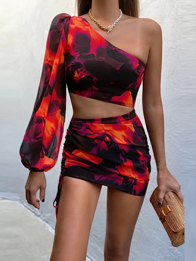 

Elegant One Shoulder Print Party Dress Spring Summer Chiffon Long Sleeve Slim Mini Dress Fashion Hollow Drawstring Beach Dresses