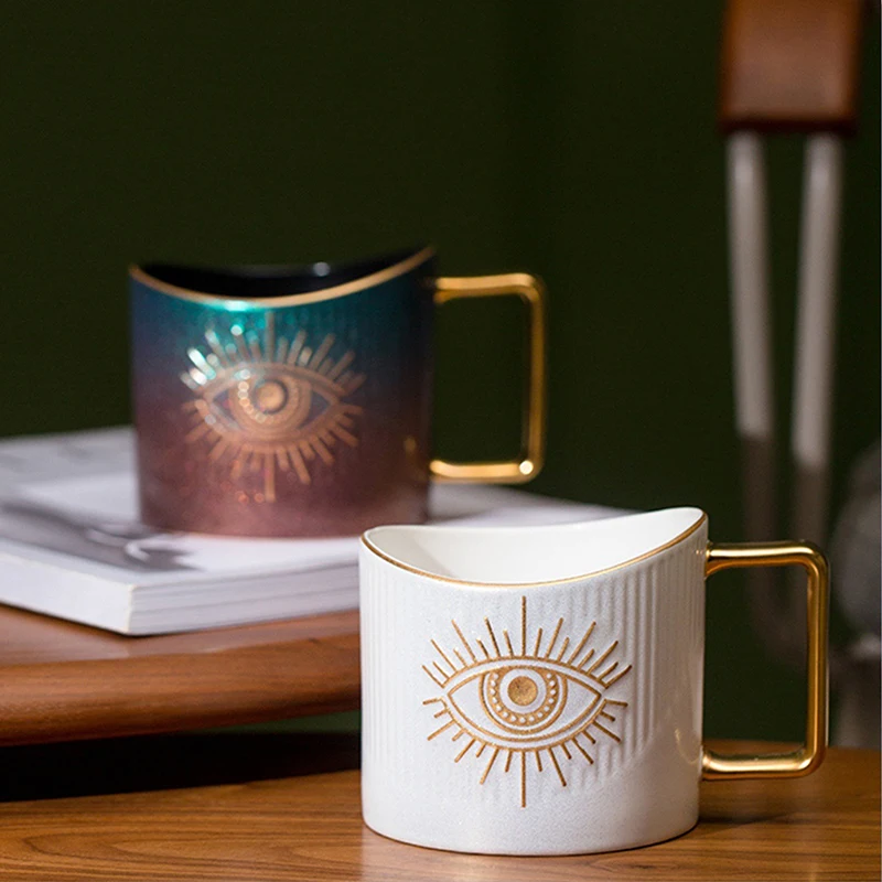

New Creative Eye Design Mug Gradient Spray Color Tea Mug Office Water Cug Large capacity 420ML Porcelain Cup With spoon Gift