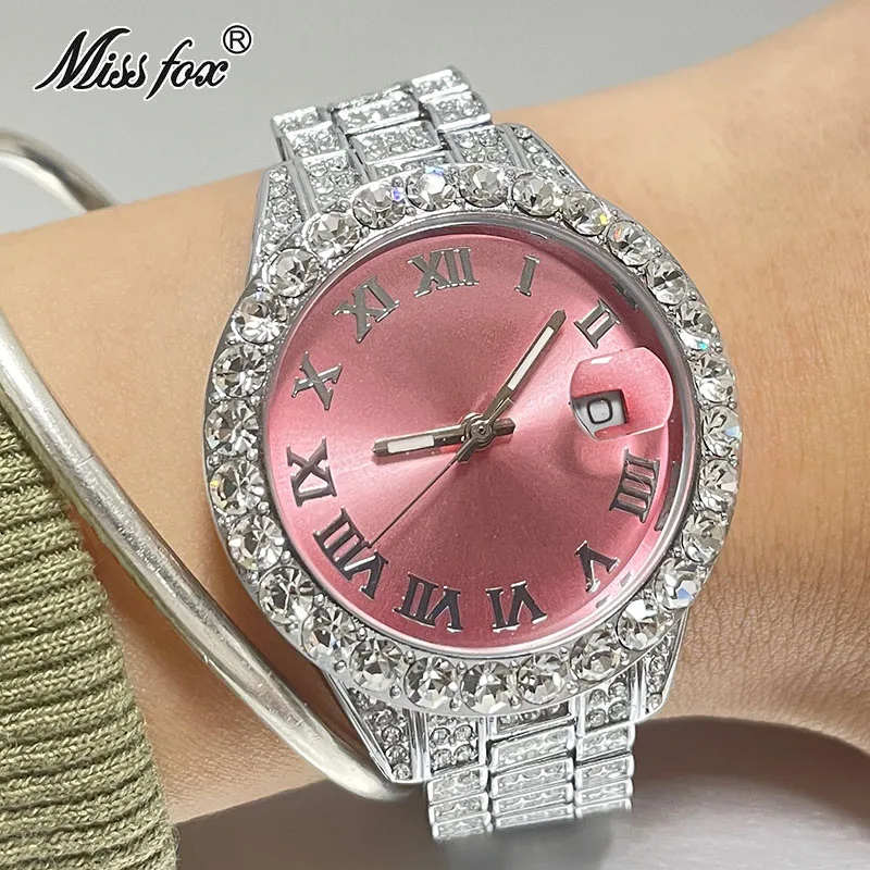 

Fashion Brand MISSFOX Sliver Pink Watches Women Luxury Iced Out Wrist Watch Diamond Full Steel AAA Jewelry Clocks Ladies Relojes