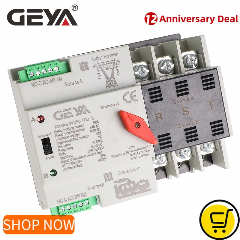 

GEYA W2R-3Pole Din Rail Mounted Automatic Transfer Switch Three Phase ATS 16A 20A 25A 32A 40A 50A 63A 100A Power Transfer Switch