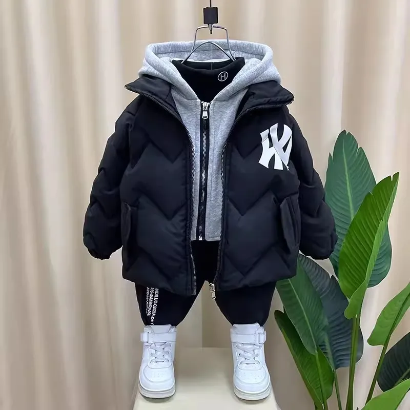 

New Winter Thick Warm Plus Velvet Hooded Outerwear Kids Boys Letter Print Jackets Cotton Clothes Parka Snowsuit Coats 4-14 Year