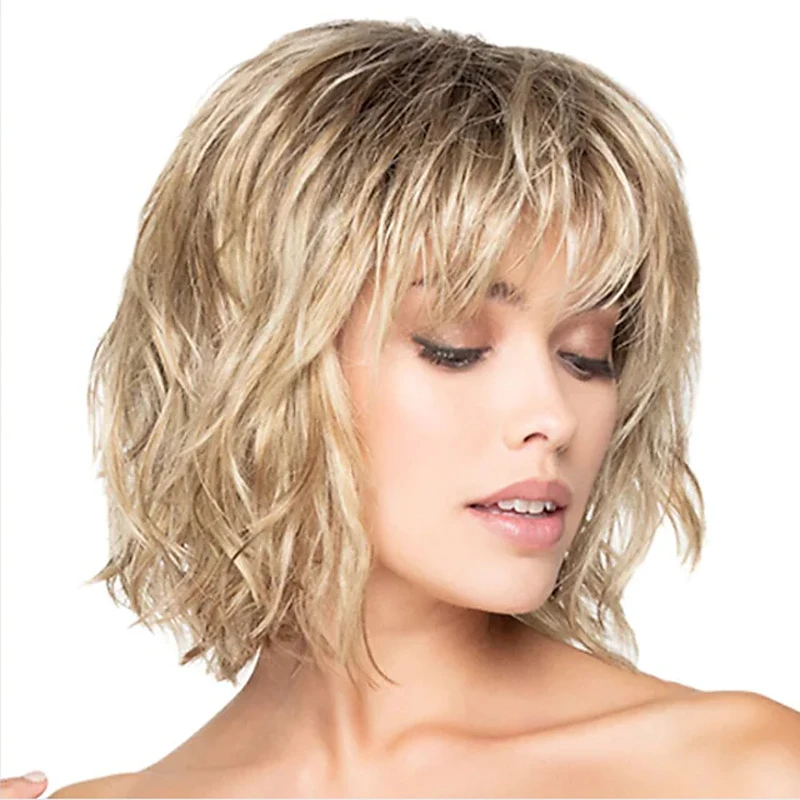 HAIRJOY Synthetic Hair Blonde Brown Wigs for Women  Curly with Bangs Short Wig