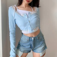 women sexy long sleeve t shirts fashion lace ribbed knitting hollow crop tops slim elastic cardigan tanks clothes 2021 autumn