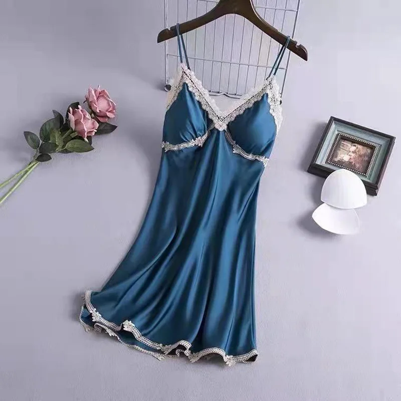 Women's Summer Sexy Suspenders Nightgown Thin Section With Chest Pad Ice Silk Korean Version Of The Pajamas Dress Home Wear