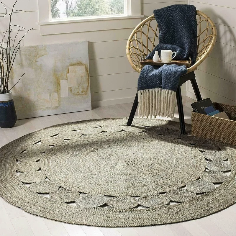 Round Rug Natural Jute Reversible Handmade Hemp Carpet Eco Friendly Area Rag Rug Bedroom Decoration
