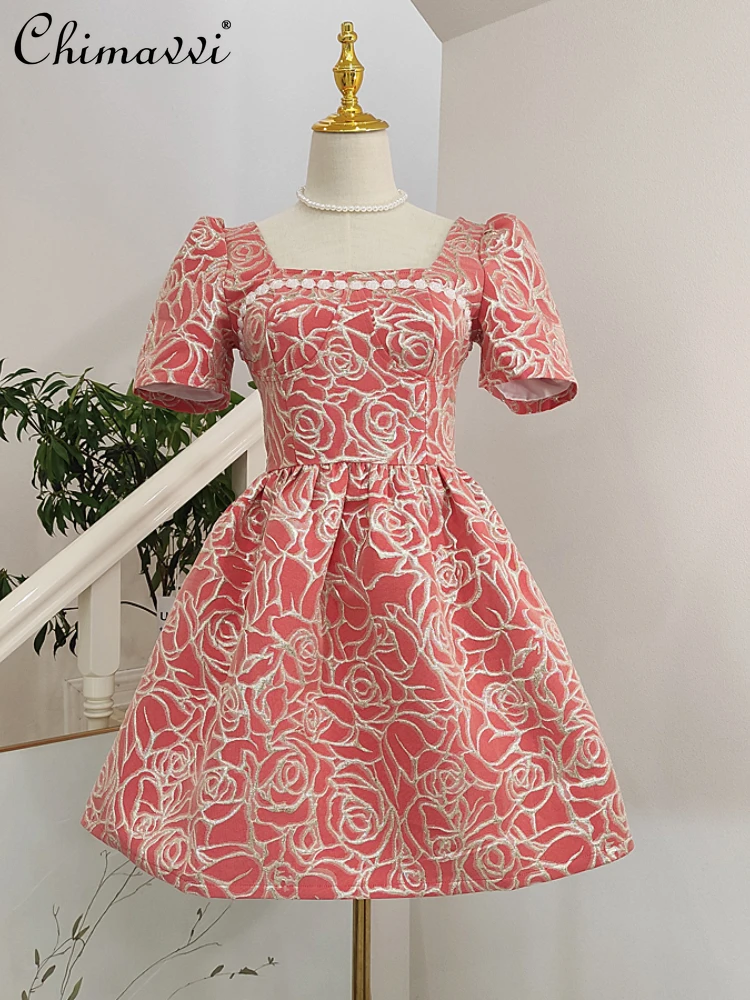 

Woman Square-Neck High Waist Slim-Fit Short A-Line Dress 2022 Summer New Jacquard Pleated Princess Dress for Female