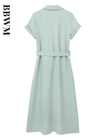 Shirt Style Dress Woman With Belt Long Dress Women Edge Curl Short Sleeve Midi Dresses for Women 2023 Summer Chic Elegant Dress