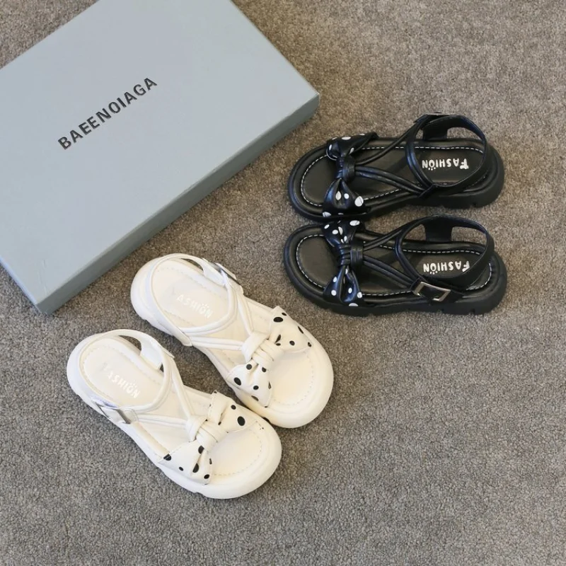 

New 2022 Summer Girls Sandals Gladiator Fashion Bowtie Princess Little Girls Shoes Children Beach Shoes Kids Flat Sandals 26-36