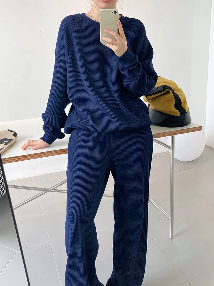 Round Neck Plaid Sweatshirt + Wide Leg Pants 2 Piece Sets Fashion Casual Sports Suit Female 2022 Autumn Winter  H043