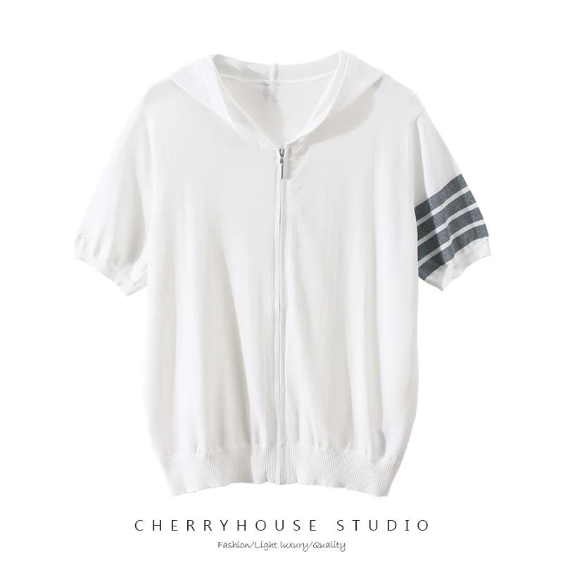 

Four-bar zipper hooded cardigan women's preppy style TB loose ice silk knitted thin sports jacket