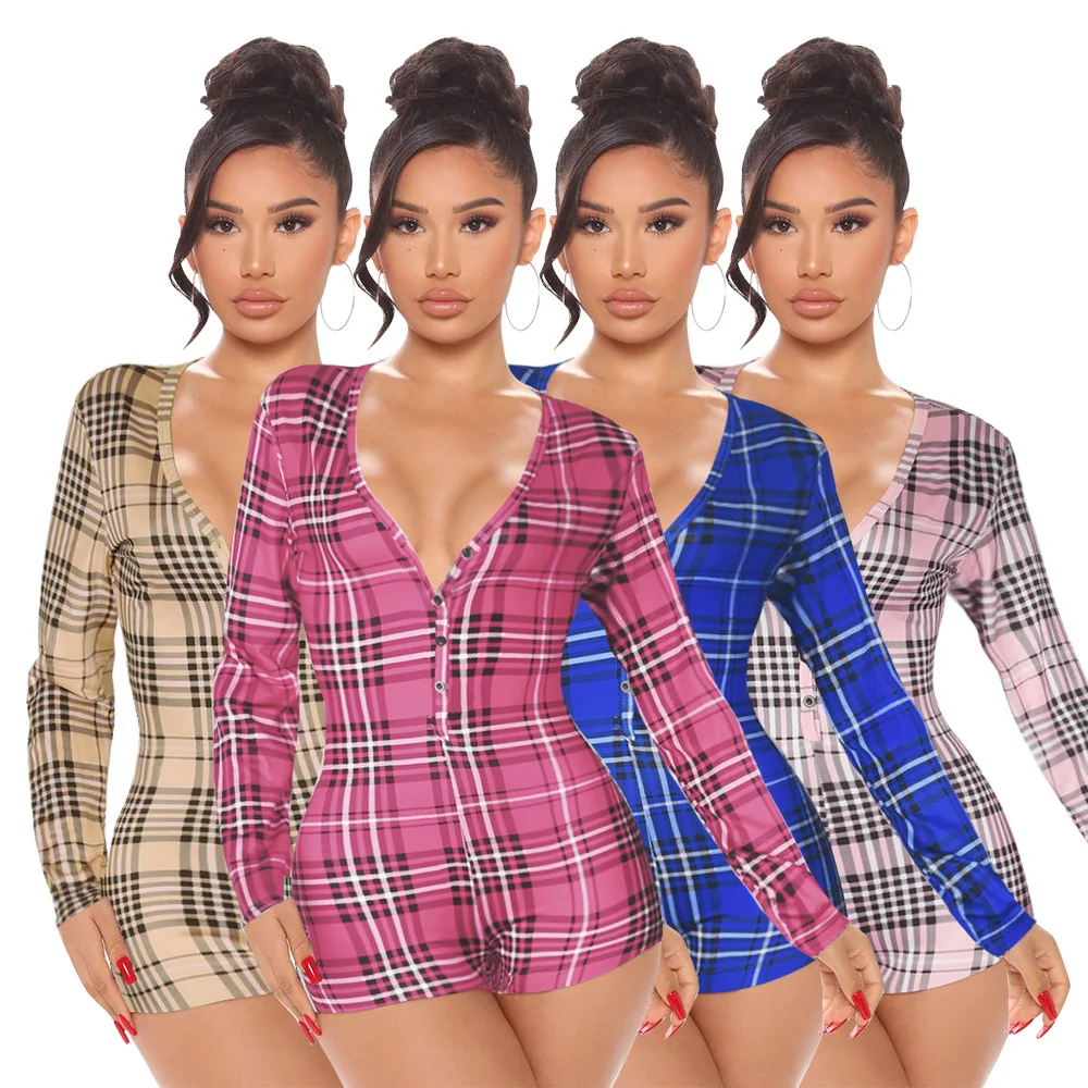 

Женский комбинезон в клетку, пикантный слитный комбинезон с глубоким V-образным вырезом и длинным рукавом, комбинезон на пуговицах, лето 2022