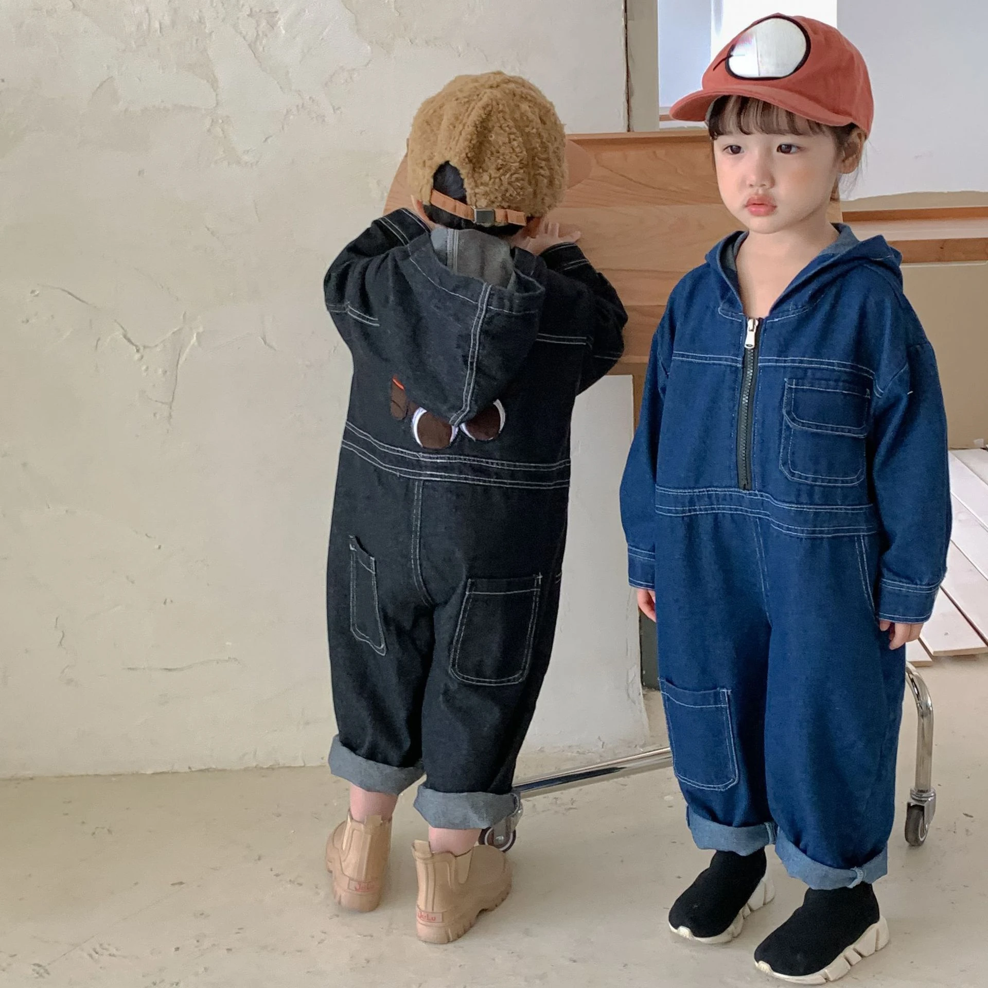 RiniKinda 2022 Autumn New Boys and Girls Cartoon Long Sleeve Loose Casual Jumpsuits Kids Hooded Denim Ankle Length Playsuits