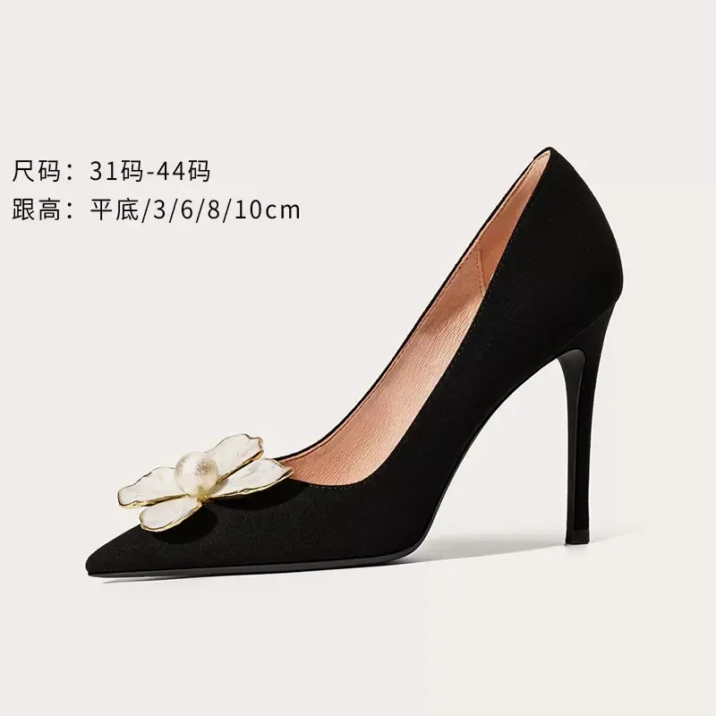 

Spring and summer new pointy toe shallow suede flower flat sole single shoes thin high heel banquet dress large small women shoe