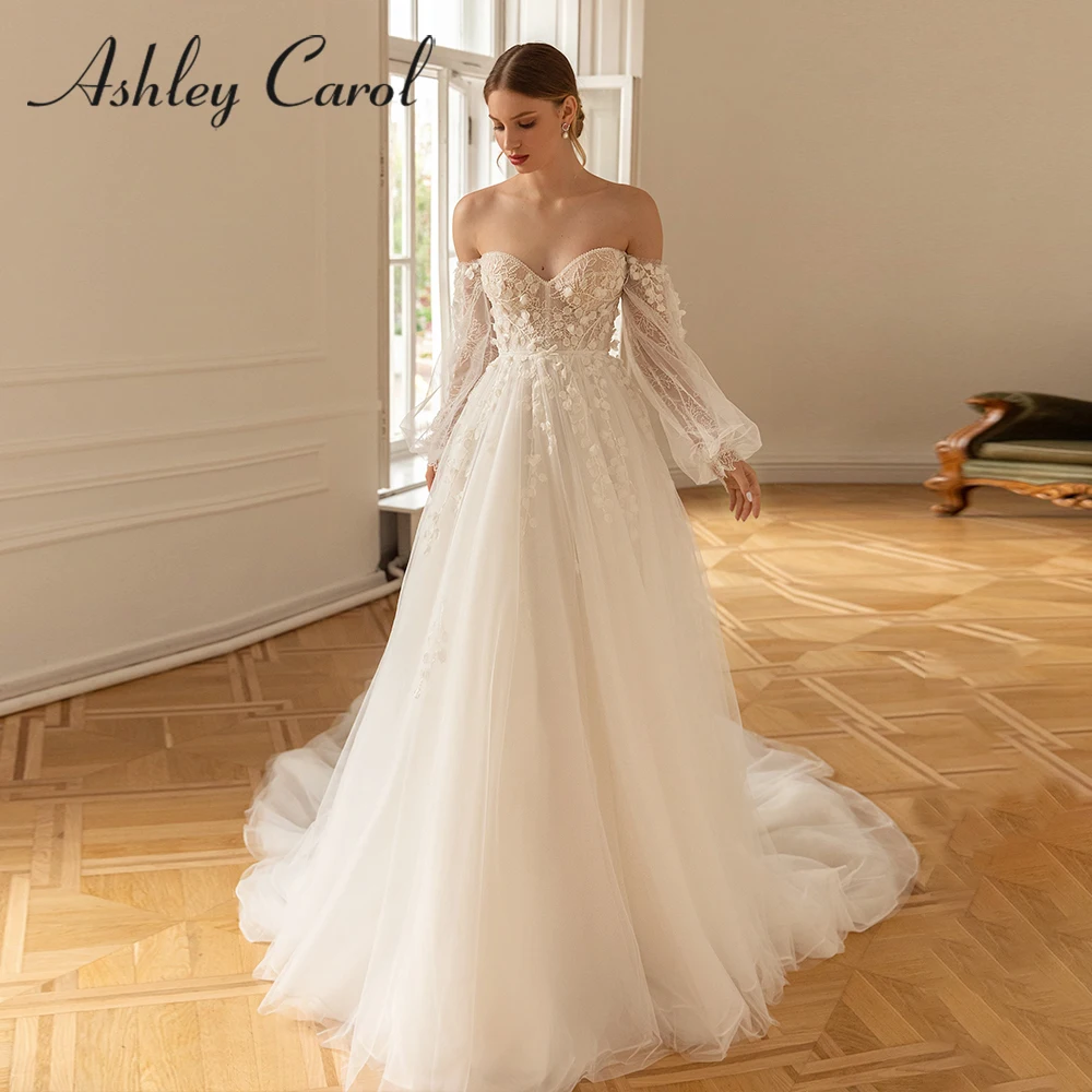 

Свадебное платье Эшли Карол Бохо 2022 с открытыми плечами пышные рукава платья невесты мечтательные милые Аппликации Тюль Vestidos De Novia