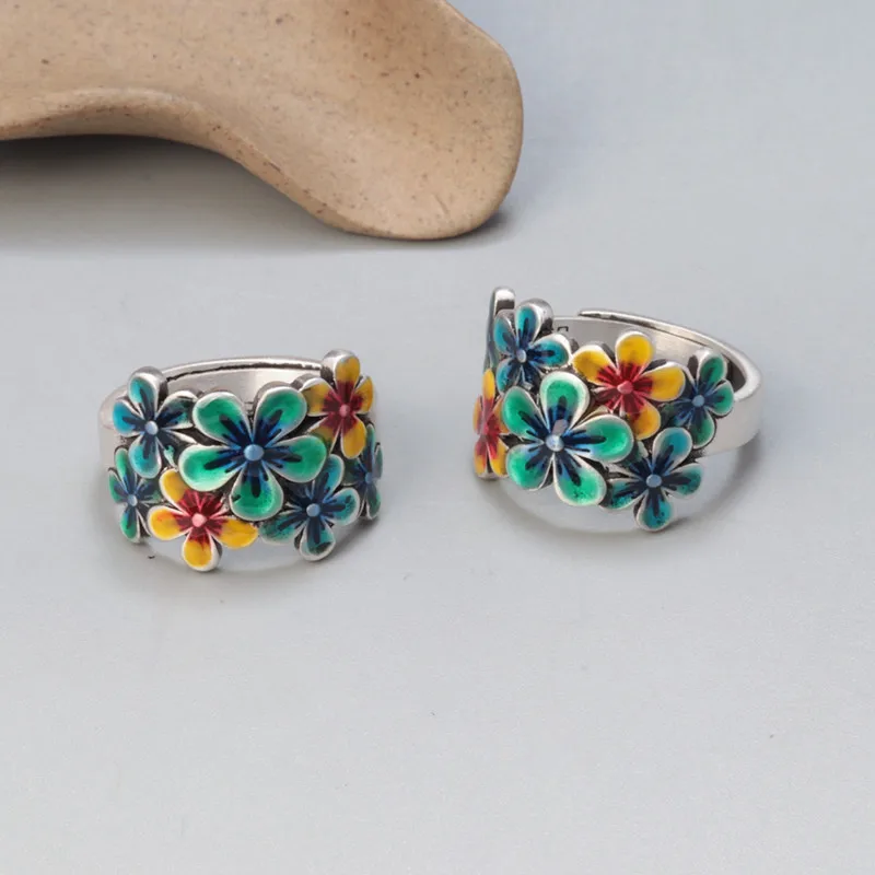 

Pure 990 Silver Enamel Wide Finger Rings Vintage Ethnic Colorful Flower Cluster Adjustable Open Ring Jewelry for Women JZ114
