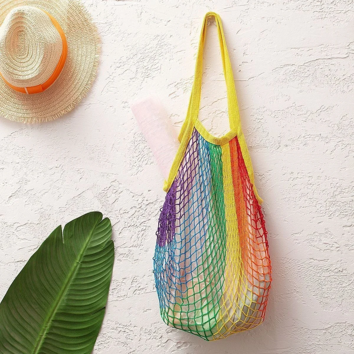Summer Beach Toys Storage Rainbow Mesh Bag Handbag Carrying Outgoing Vegetables Mesh Bag / Lining Fruit Portable Shopping Bag