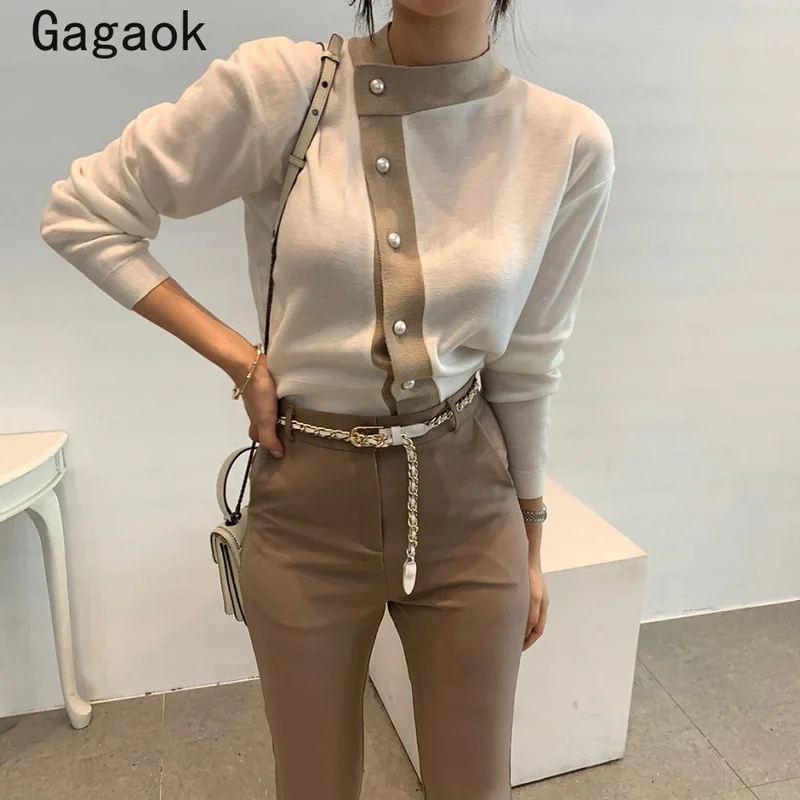 

Gagaok Office Lady Korean Retro Knitted Sweaters 2020 Spring Autumn New Patchwork O Neck Slim Chic Wild Simple Pullovers