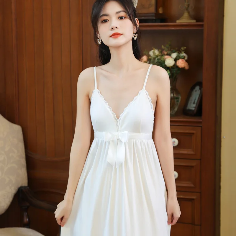 

Fairy Sleeveless Night Dress Women Cotton Sexy Lace Long Nightgown Princess Sleepwear Comfy Nightwear Built-in Bra Sleep Gown