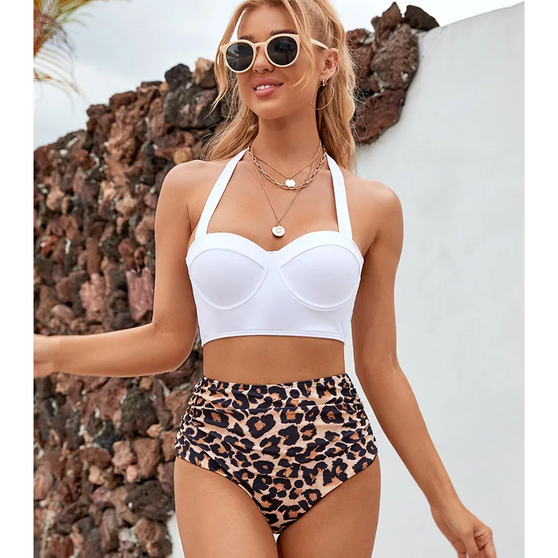 

Модные леопардовые бикини, сексуальный купальник с лямкой на шее и высокой талией, женский купальник, бюстгальтер пуш-ап, комплект бикини, к...