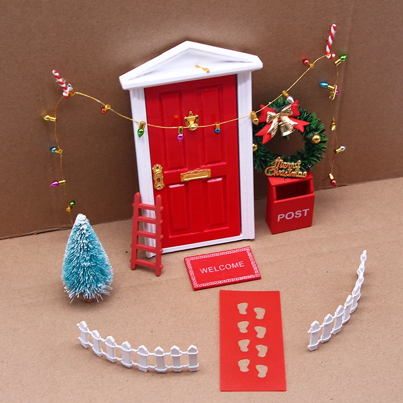 

11Pcs DollHouse Elf Door Christmas Decor Fake Light String Hat Wreath Mini Tree Gift Boxes Fairy Toyhouse Miniature Scene Model