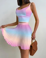 022 summer new fashion 2 piece sets womens outfits ombre tank top pleated skirt set female elegant skirt suit casual