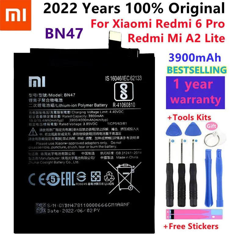 

Original Xiaomi BN47 Replacement Battery For Xiaomi Redmi 6 Pro / Mi A2 Lite Capacity 4000mAh With Free Tools