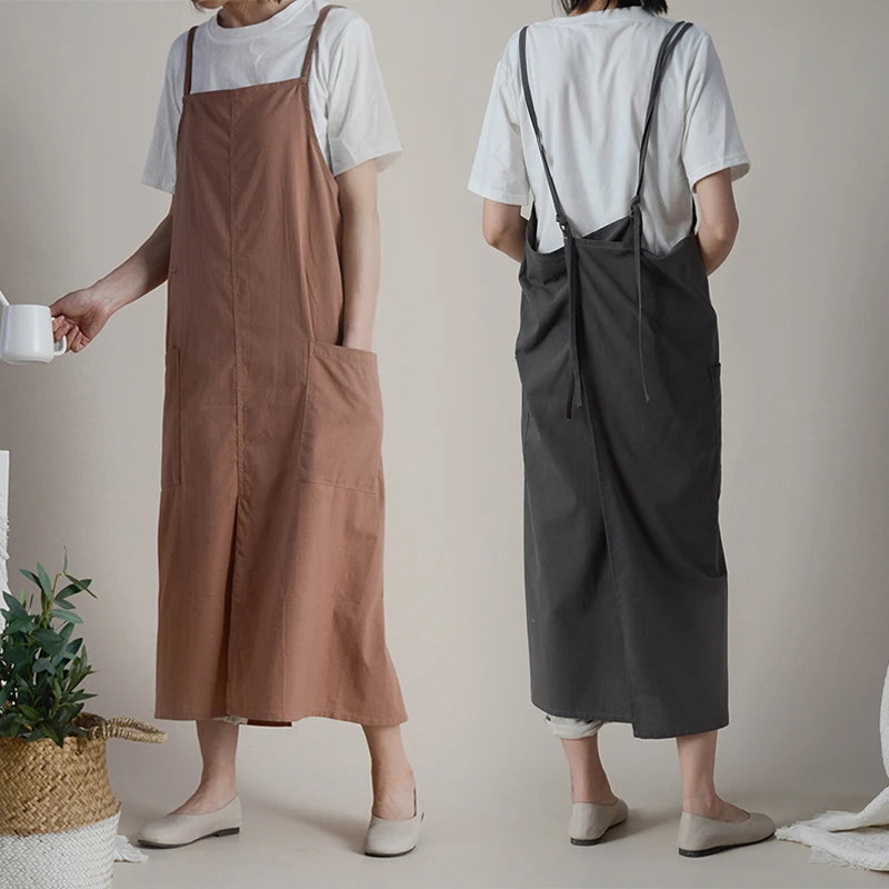 

Japanese Style Cotton Linen Florist Aprons Gardening Coffee Shops Kitchen Aprons Bib Dress Pocket Baking Cleaning Chef Apron