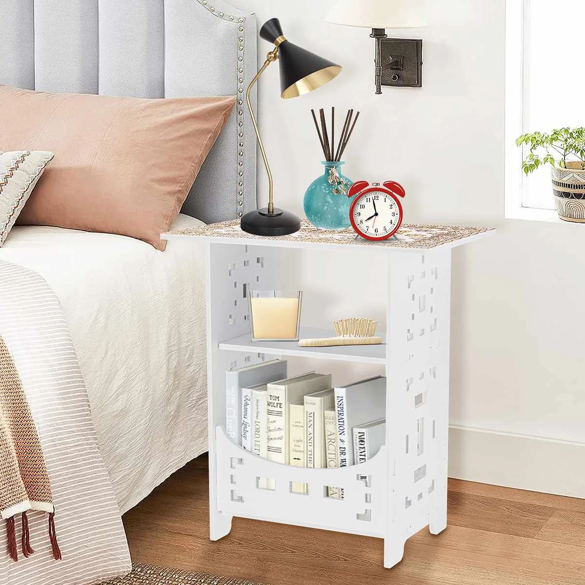 

Table End Coffee Round Side Storage Mini Tea Desk Bedside Snack Stand Nightstand Multifunction White Furniture Bedroom Magazine