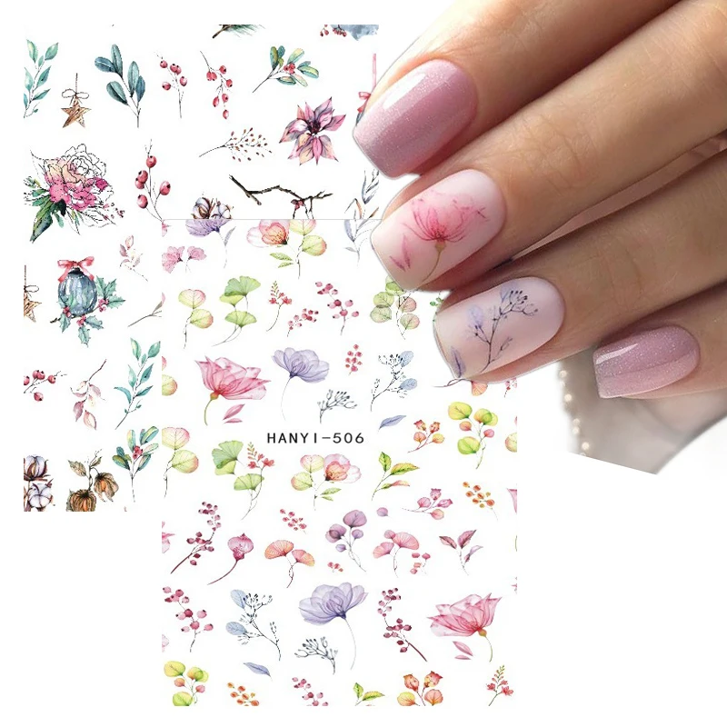 3D Back Glue Nail Stickers Watercolor Elegant Floral Leaves Purple Green Pink Nail Art Decoration Self Adhesive  For Nail Decals