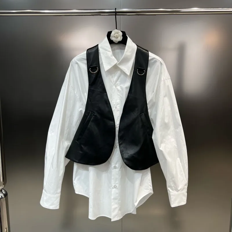 

BORVEMAYS 2023 Autumn New Lapel Long Sleeve Single-breasted Solid Color White Blouses + PU Leather Vest Trend Fashion Shirt