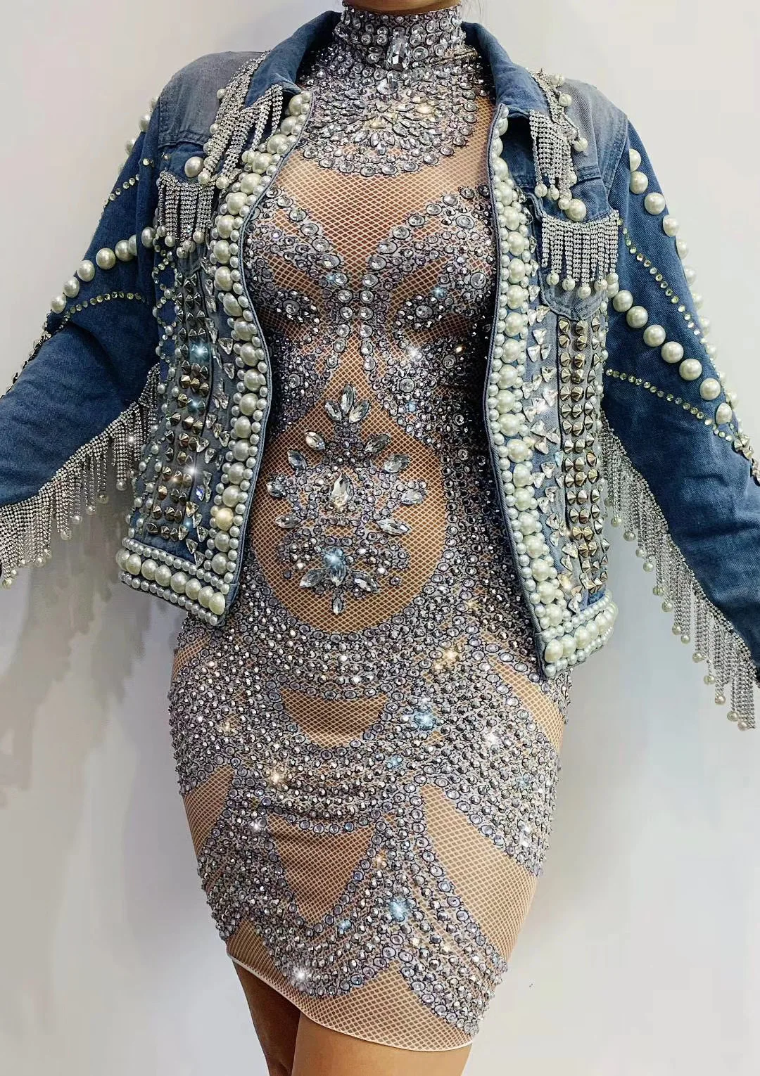 

Fashion Shining Sparkle Crystal Rhinestones Pearl Tassel Coat Women Dress Sexy Sleeveless Birthday Party Club Celebrate Dresses