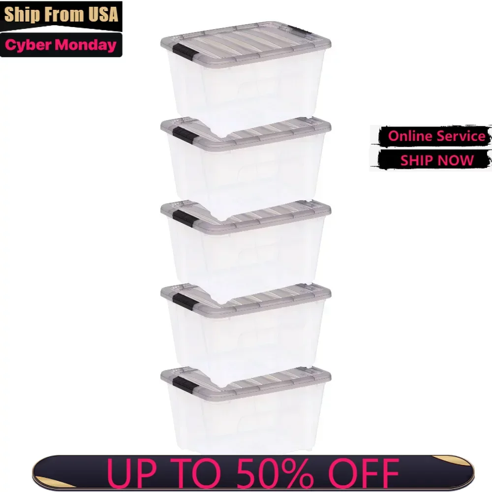 

32 Quart Stack & Pull Clear Plastic Storage Box with Buckles, Gray, Set of 5 Storage Bin Storage Basket