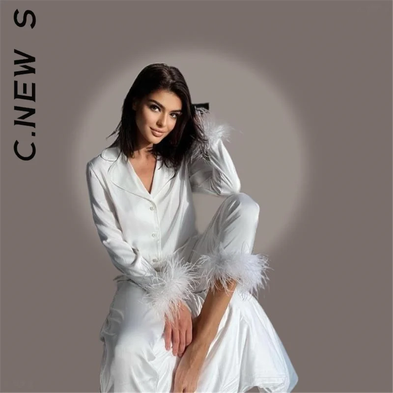 

C.New S Chic Feather Two Piece Lounge Suits Long Sleeve Button Up Top & Slim Pants Set Wpmen Casual Wool Pajamas Two Piece Suits