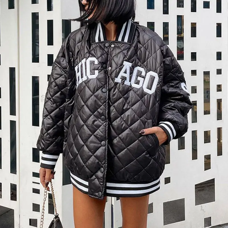 New Women Casual Letter Print Baseball Parka Autumn Winter Female Fashion Streetwear Long Sleeve O Neck Y2K Bomber Jacket Coat