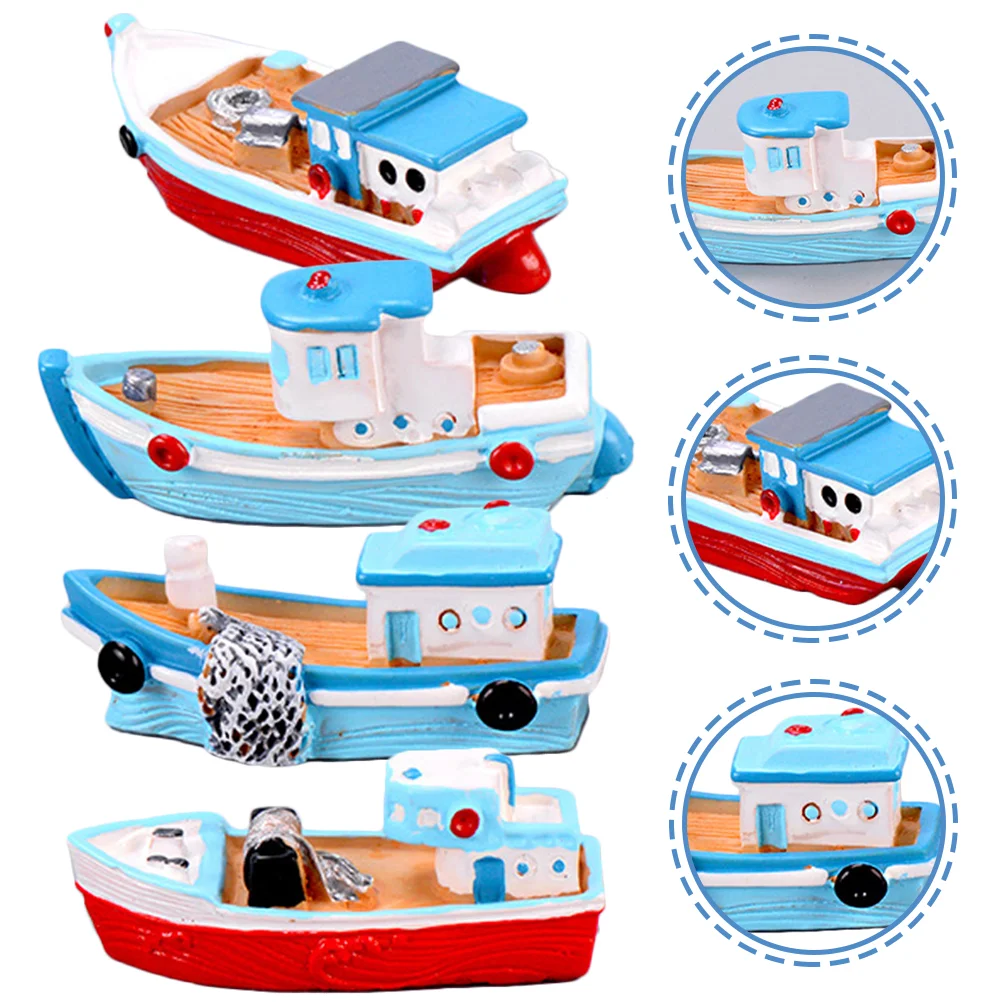 

4 Pcs Fishing Boat Ornaments Desktop Decoration Sculptures Home Decorations Resin Crafts Model Miniature Office Sea