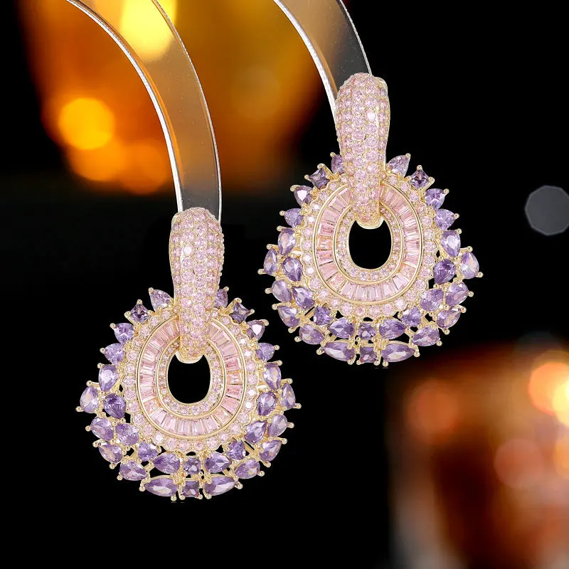 

New Trendy Luxury Purple Pink/Yellow/White Cubic Zirconia Pave Dangle Earrings for Women Statement Wedding Party Jewelry