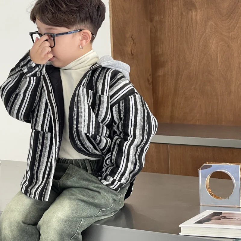 Korean Winter Boys cotton-padded Hooded Coats Kids Thick Warm Vertical stripe Outerwear