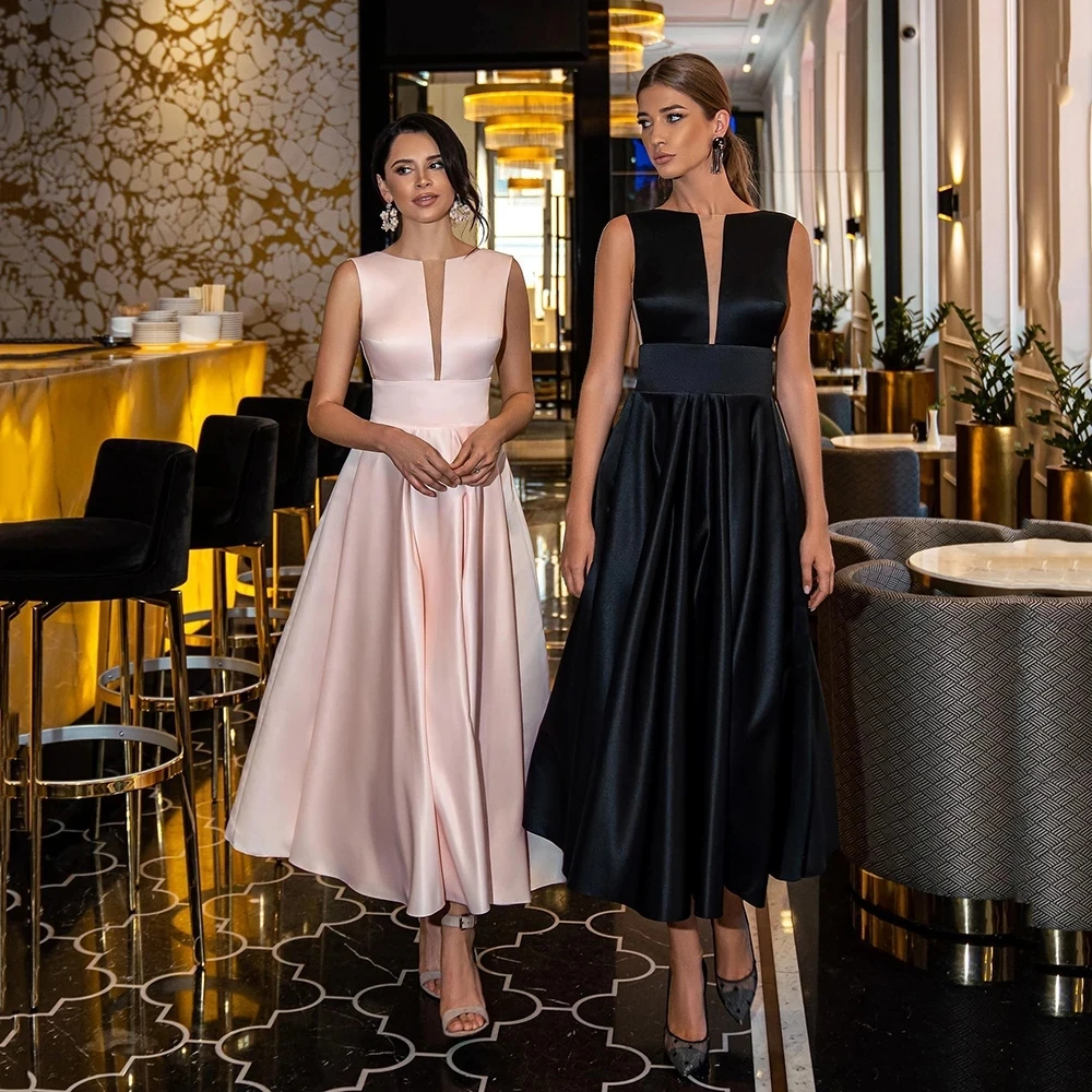 

Tea-Length Satin 2022 Evening Dress Illustion V-Neck Sleeveless Evening Gown Sexy Backless A-Line Prom Dress robes de soirée
