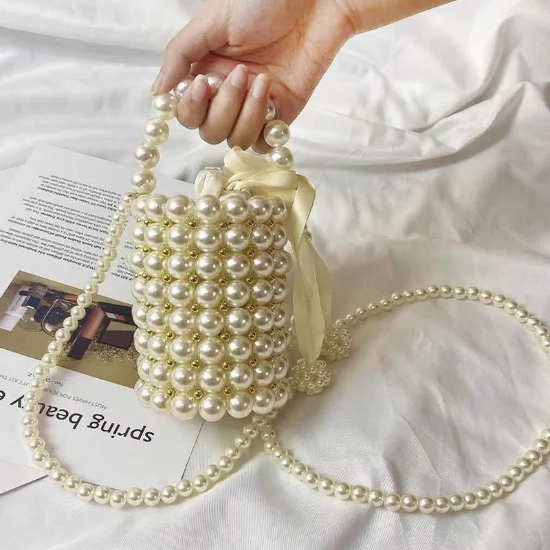 

Сумка-мешок женская с жемчугом, миниатюрный плетеный саквояж кросс-боди ручной работы, портмоне для мелочи, Сумочка на плечо