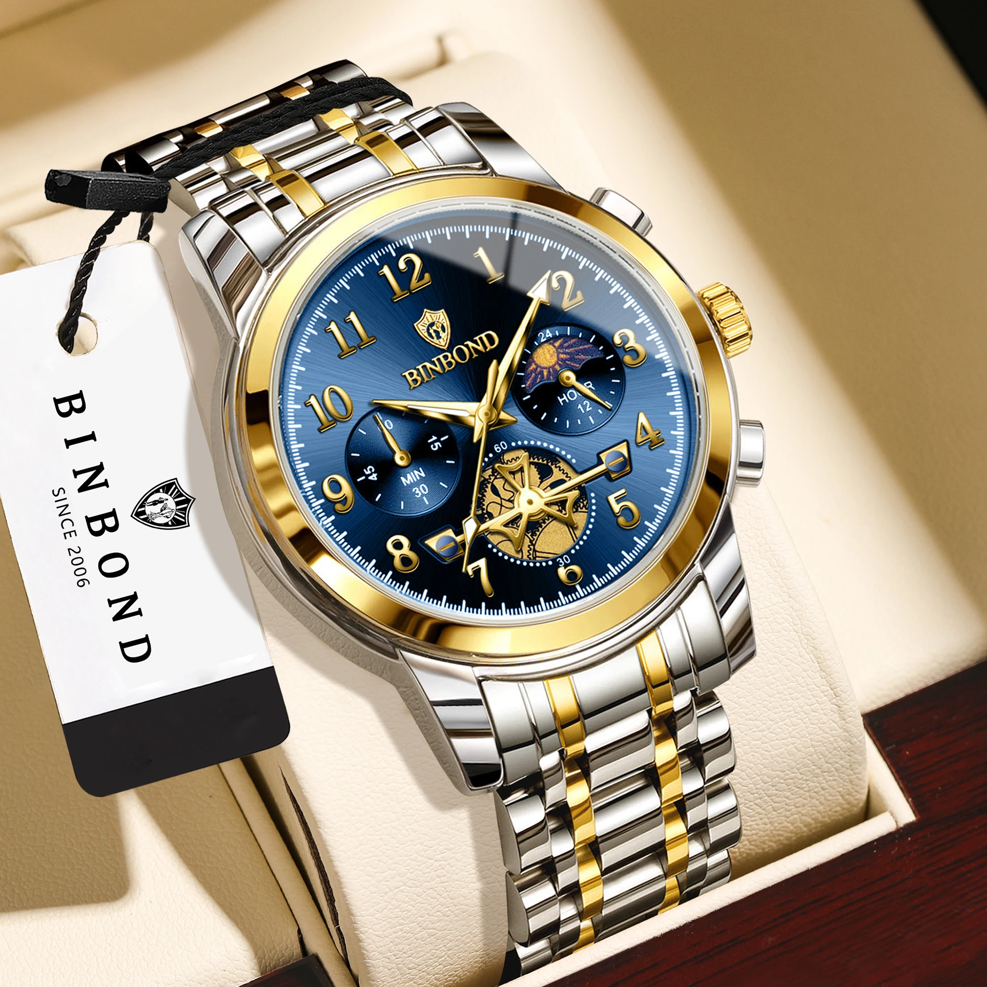 Фото Мужские часы BINBOND Original Accurate Quartz, роскошные, с хронографом, прочные, светящиеся, водонепроницаемые, повседневные. №2