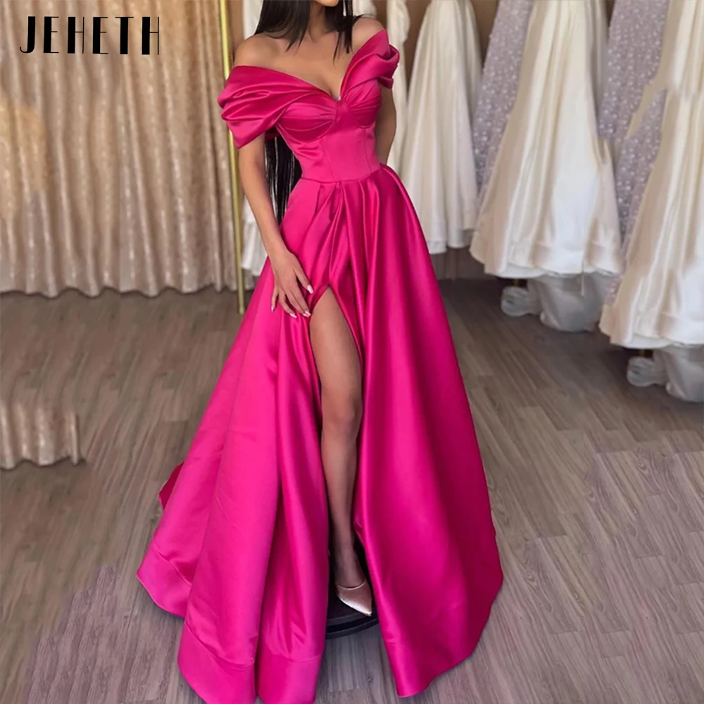 JEHETH Fuchsia Sexy Satin Off the Shoulder Evening Dress Women Elegant Side Split Backless V-Neck A Line Pleats Prom Party Gown