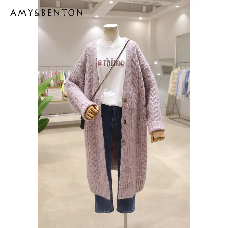 Solid Color Twist Sweater Coats Autumn and Winter Loose New Style Slimming Thickened Mid-Length Cardigan Sweater Coat for Women