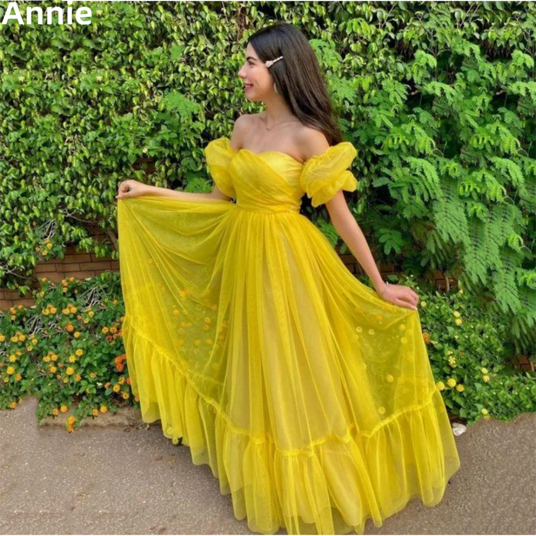 

Annie Off Shoulder Puff Sleeves Prom Dresses Simple Tulle Party Dress Special Occasion Yellow A-line Serenehill